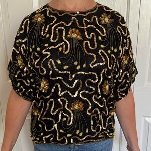 Vintage Exclusive by Jansons International Silk Gold Floral Beaded Top Size M